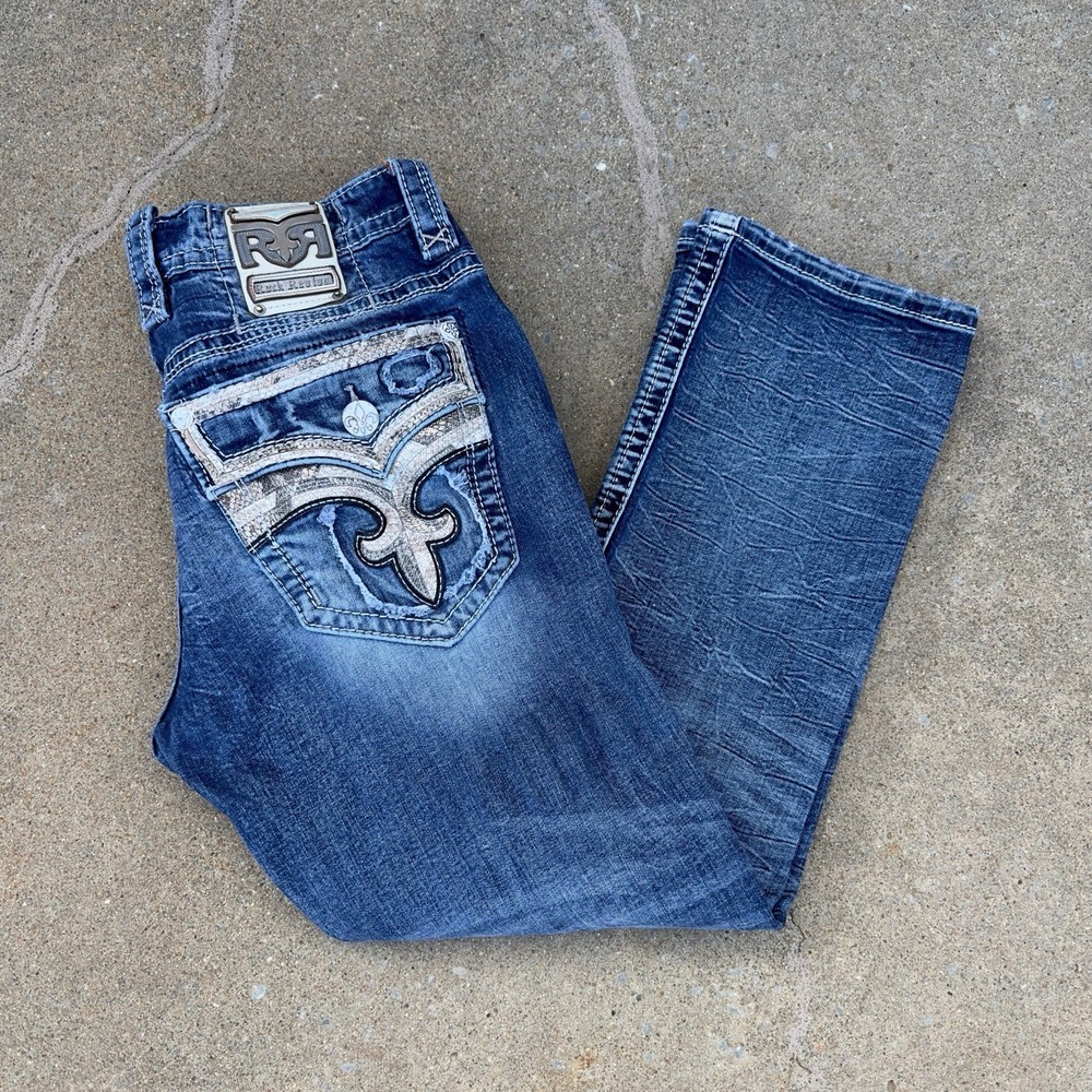 Rock Revival Jeans Men's Size‎ 33x29 Blue Brayen Relaxed Taper Denim Distressed